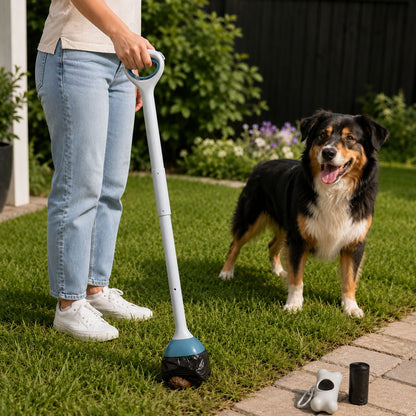 Deep teal foldable dog pooper scooper lifestyle image