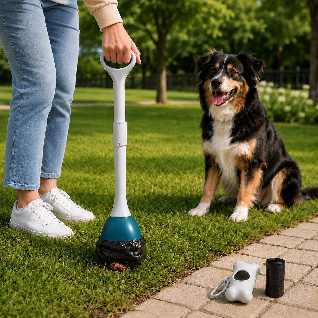 Deep teal foldable dog pooper scooper for yard cleanup