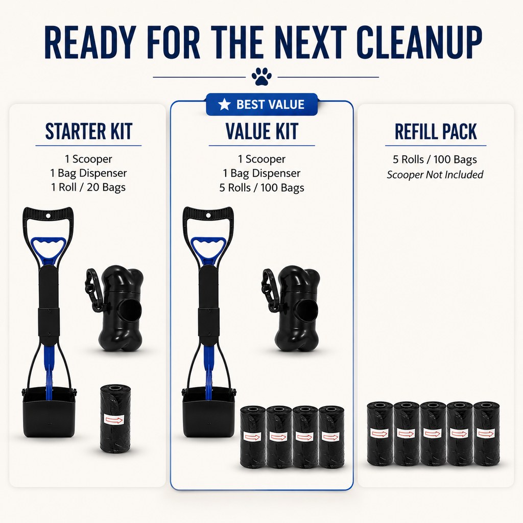Dog pooper scooper starter kit and value kit options