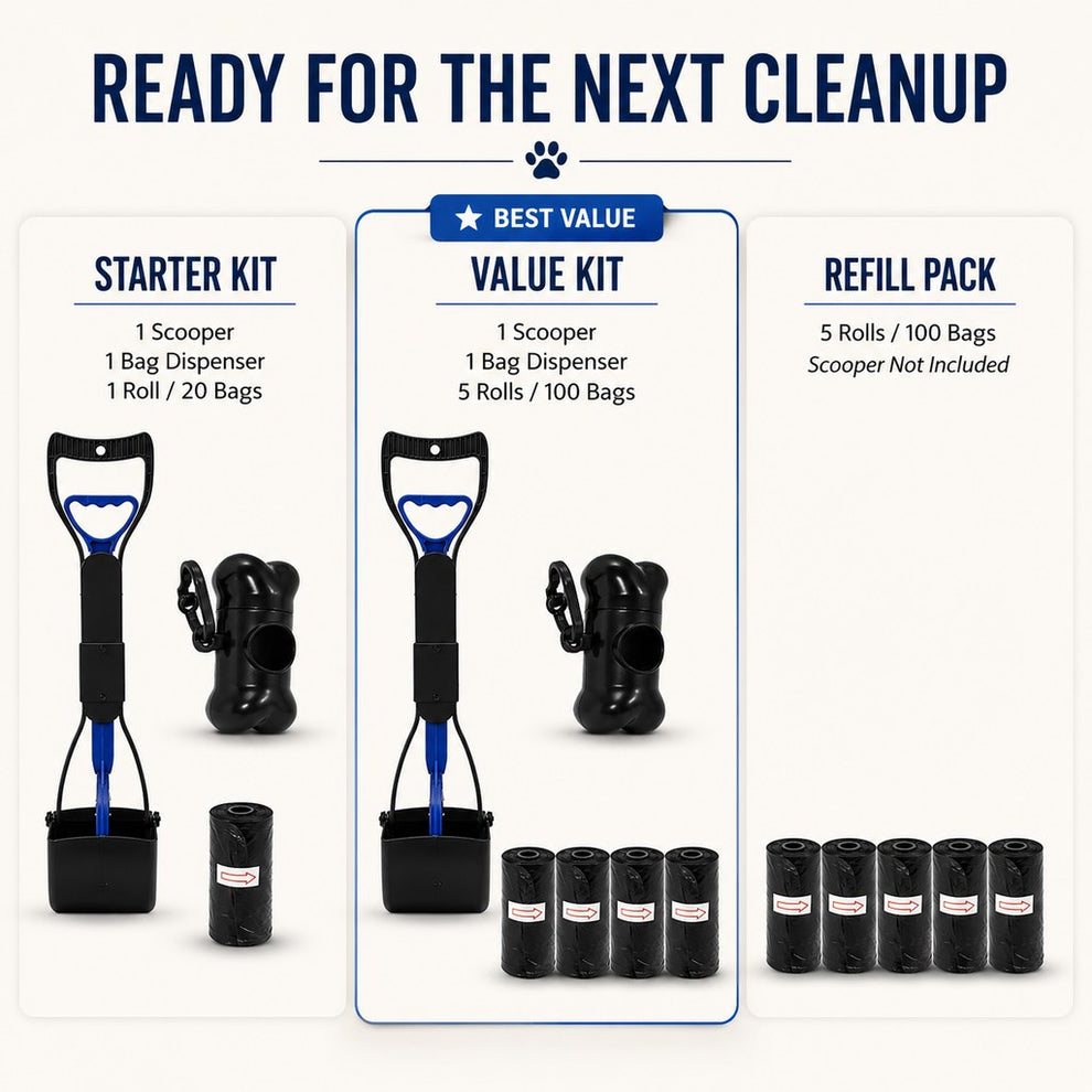 Dog pooper scooper starter kit and value kit options