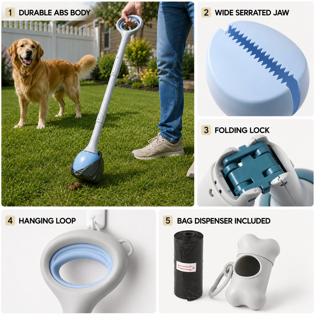 Dog pooper scooper product features and bag dispenser included