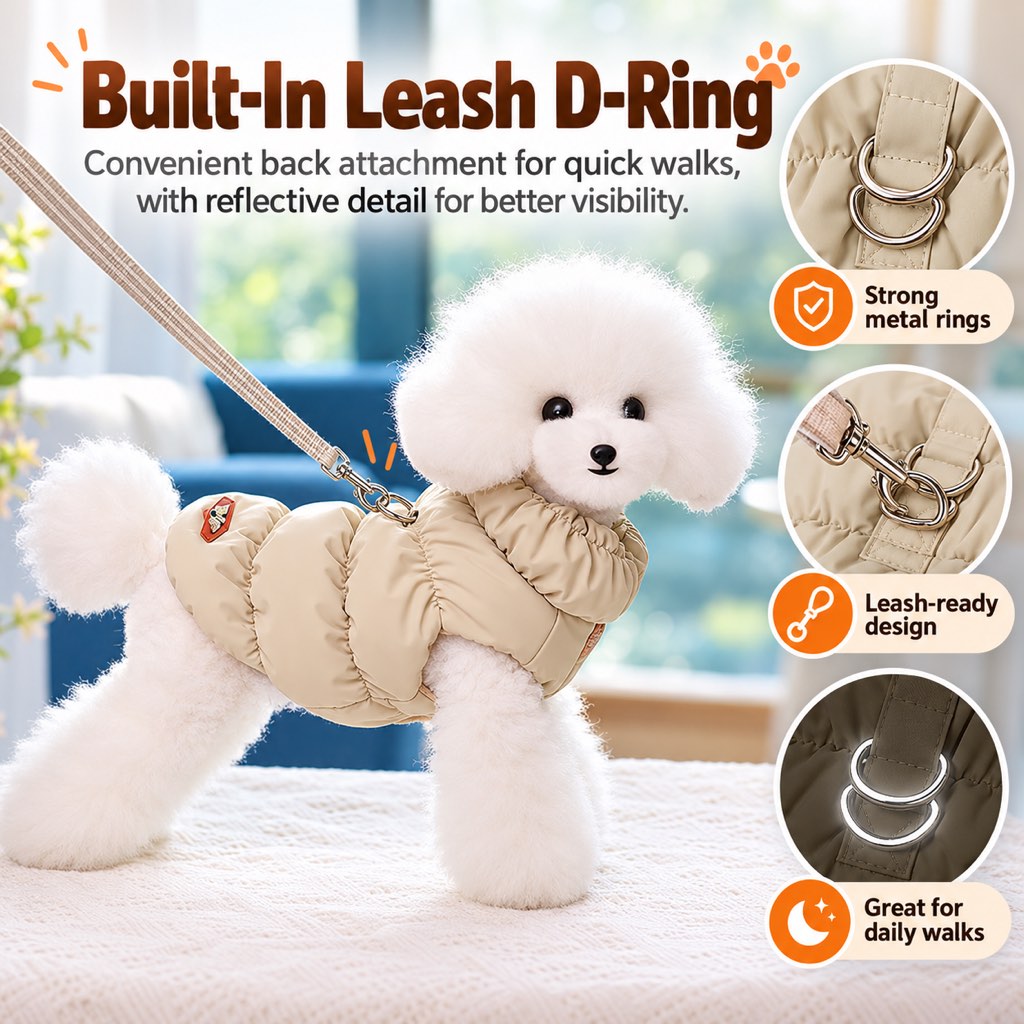 Built-in back metal D-ring for dog puffer vest leash attachment