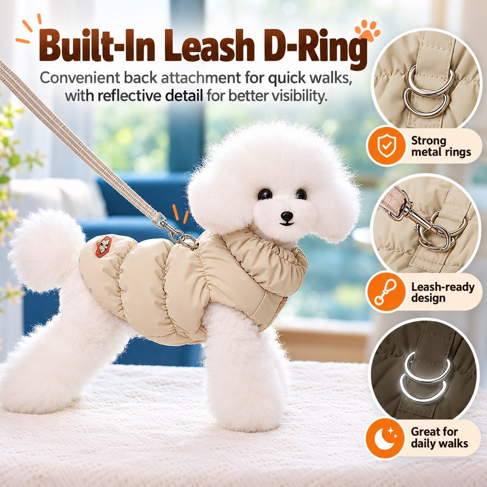 Built-in back metal D-ring for dog puffer vest leash attachment