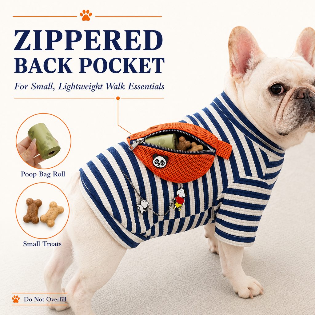 Dog pullover shirt with zippered back pocket for lightweight essentials