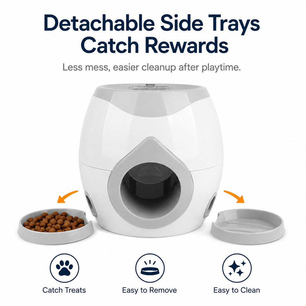 Dog puzzle feeder with detachable side trays to catch kibble rewards.