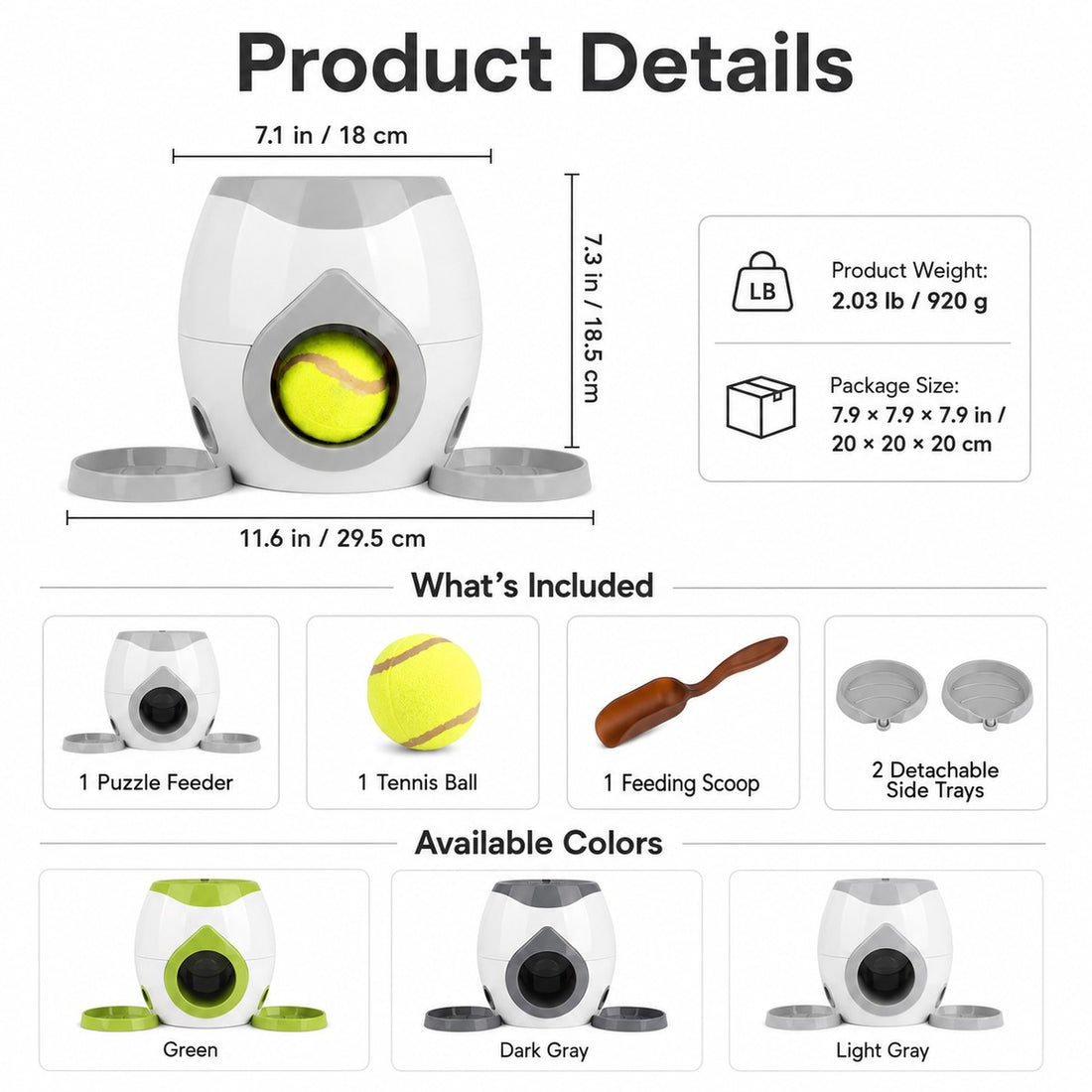 Dog puzzle feeder product details with size, weight, included tennis balls, scoop, trays, and color options.