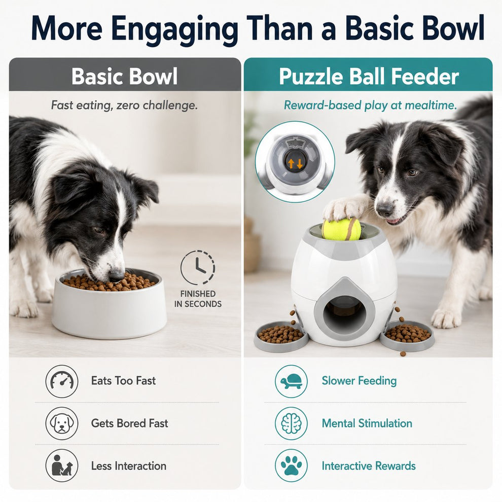 Dog puzzle feeder compared with a basic dog bowl for slower feeding and more engagement.