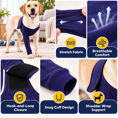 Dog recovery sleeve fabric, cuff and shoulder wrap features