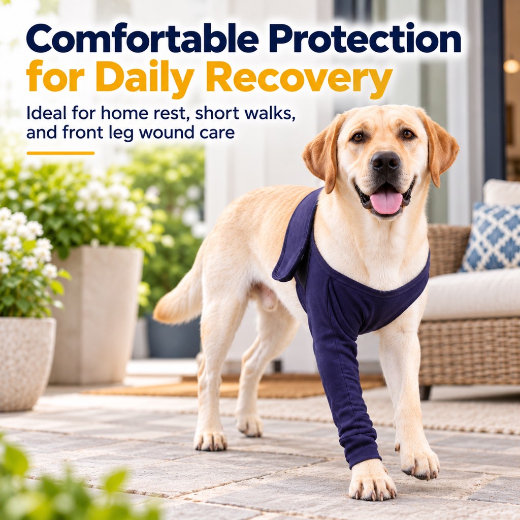 Labrador wearing an anti-lick recovery sleeve on the front leg