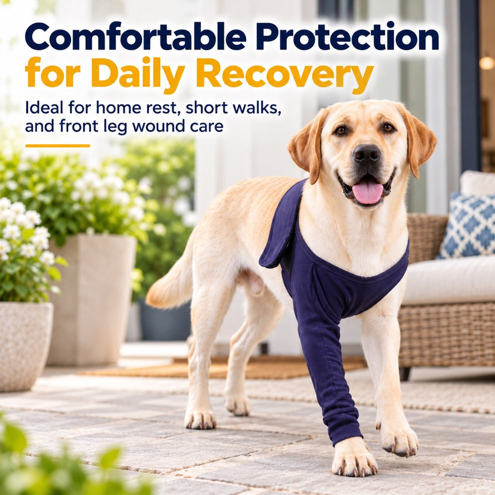 Labrador wearing an anti-lick recovery sleeve on the front leg