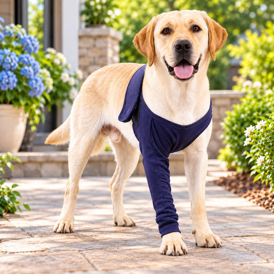 Navy blue dog recovery leg sleeve for post-surgery front leg protection