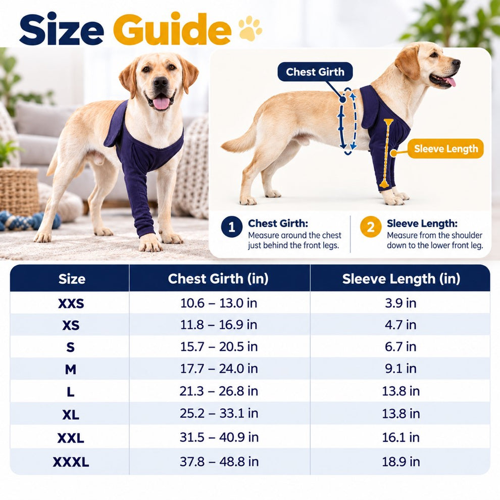 Dog recovery leg sleeve size guide in inches