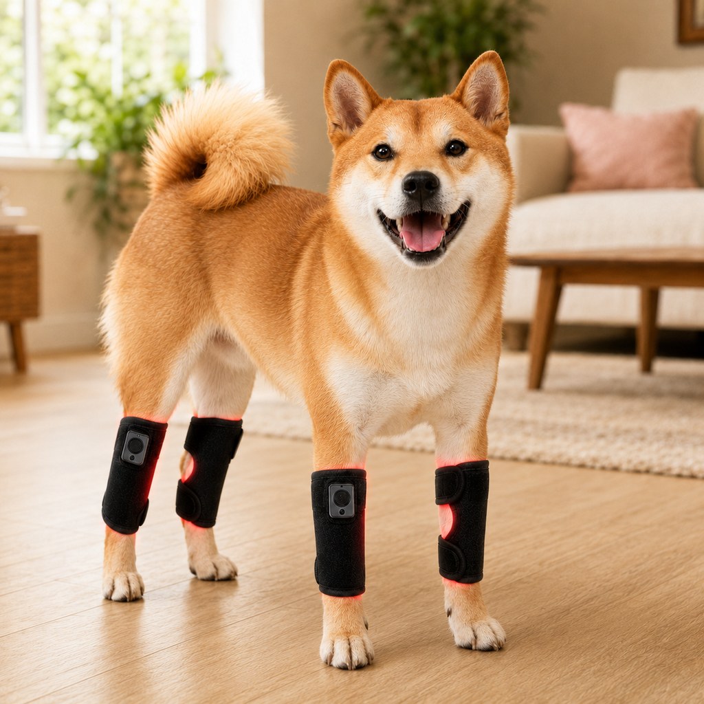Dog red light knee wrap 4 piece set with USB-C cables and user manual