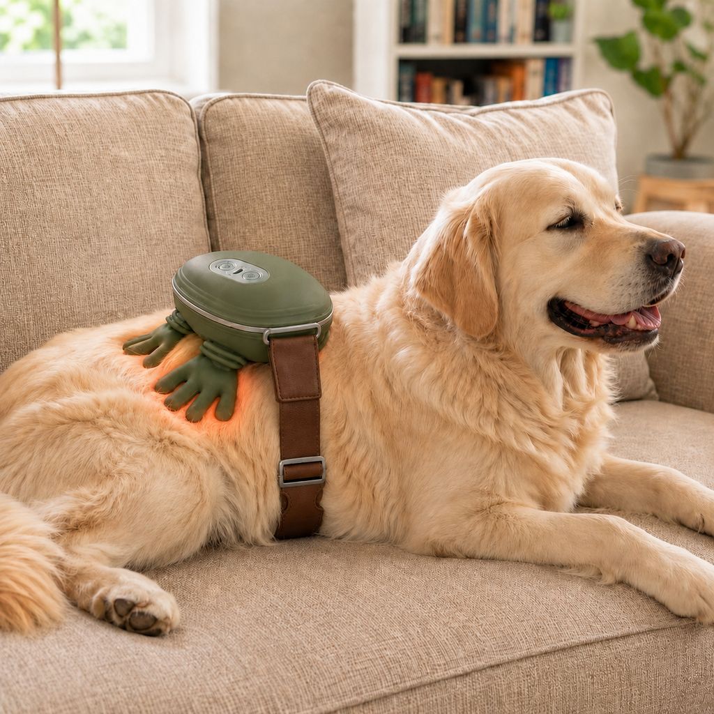 Hands-free dog relaxation massager lifestyle and feature image