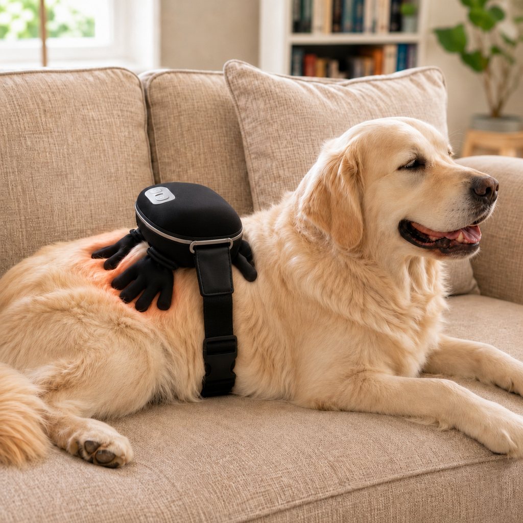 Hands-free dog relaxation massager lifestyle and feature image