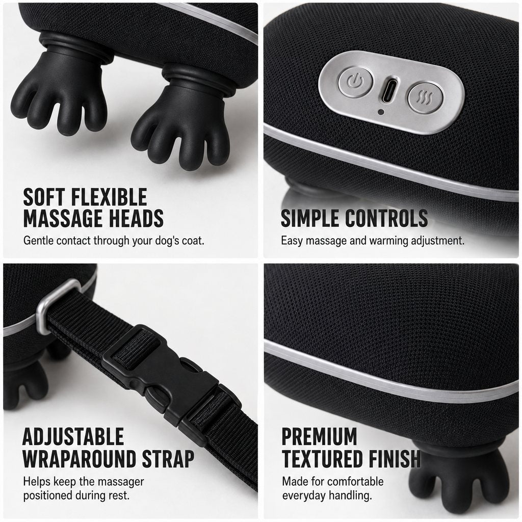 Hands-free dog relaxation massager lifestyle and feature image