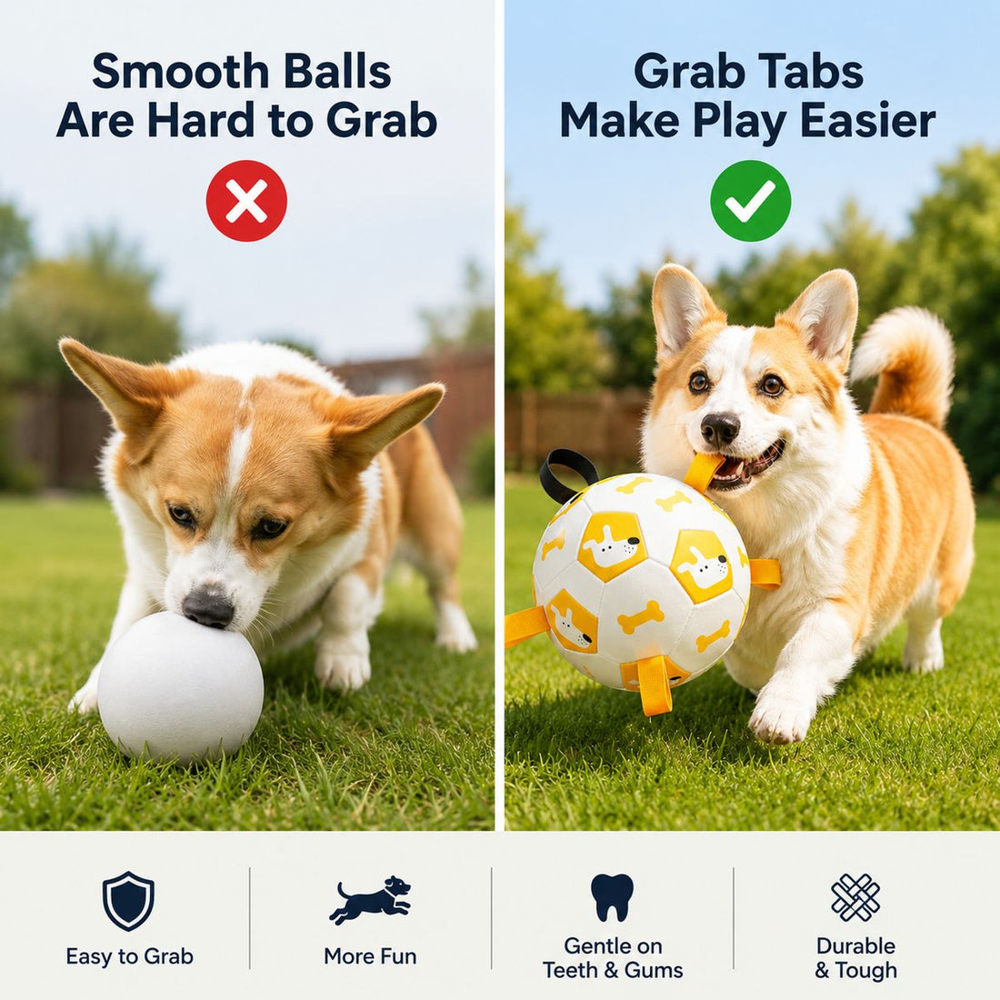 Grab tabs make the dog soccer ball easier to carry, tug, and fetch than a smooth ball.