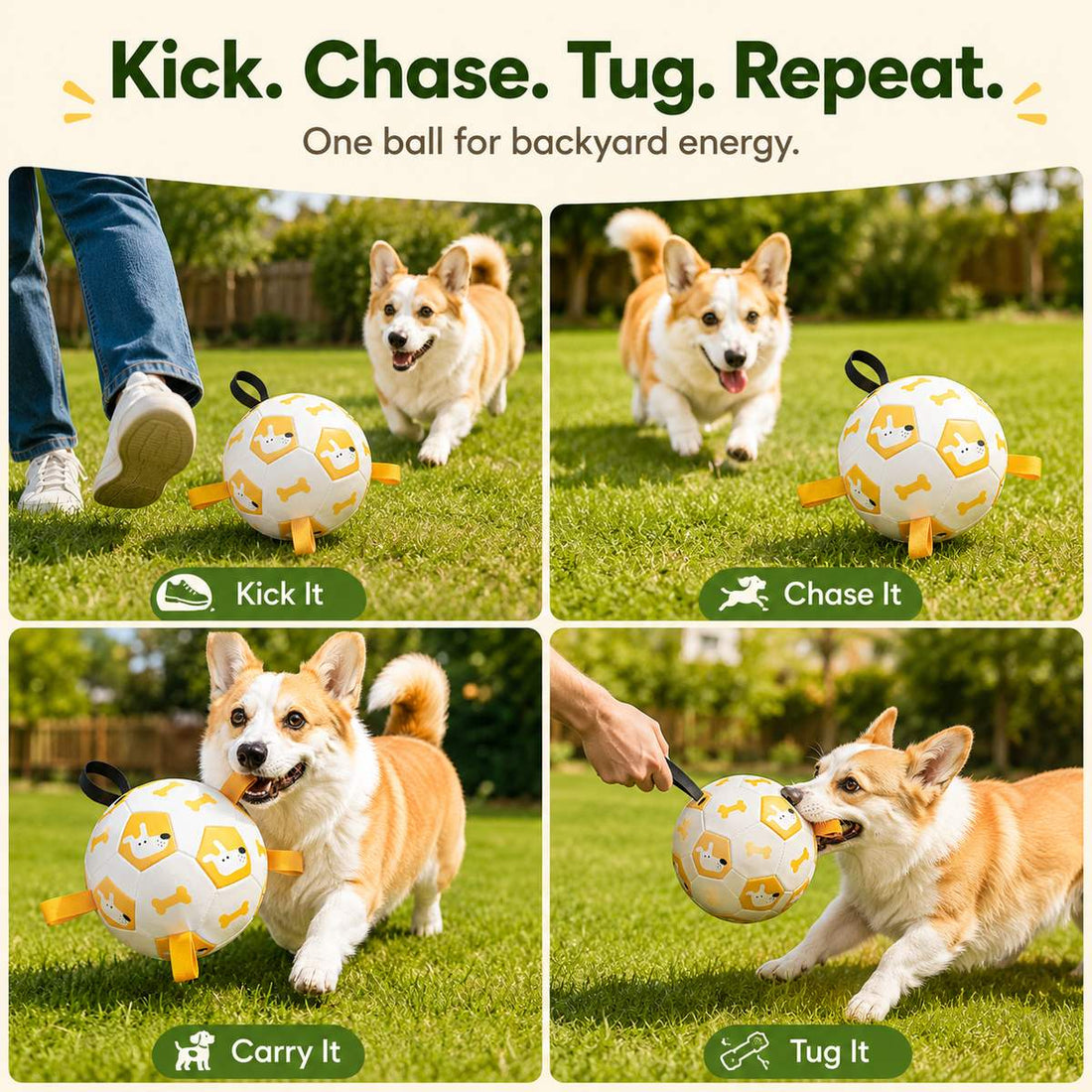 Dog soccer ball supports kick, chase, carry, and light tug play for backyard exercise.