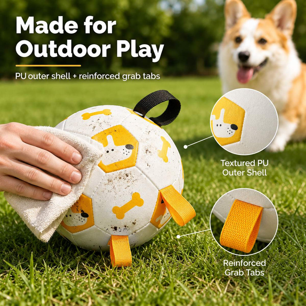 Outdoor dog soccer ball with PU outer shell and reinforced grab tabs for supervised play.