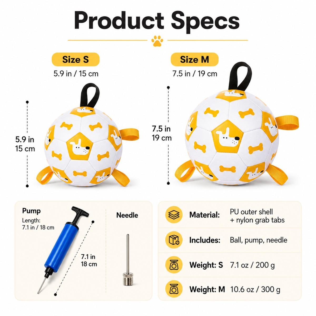 Dog soccer ball size guide with small and medium sizes, pump, needle, and material details.