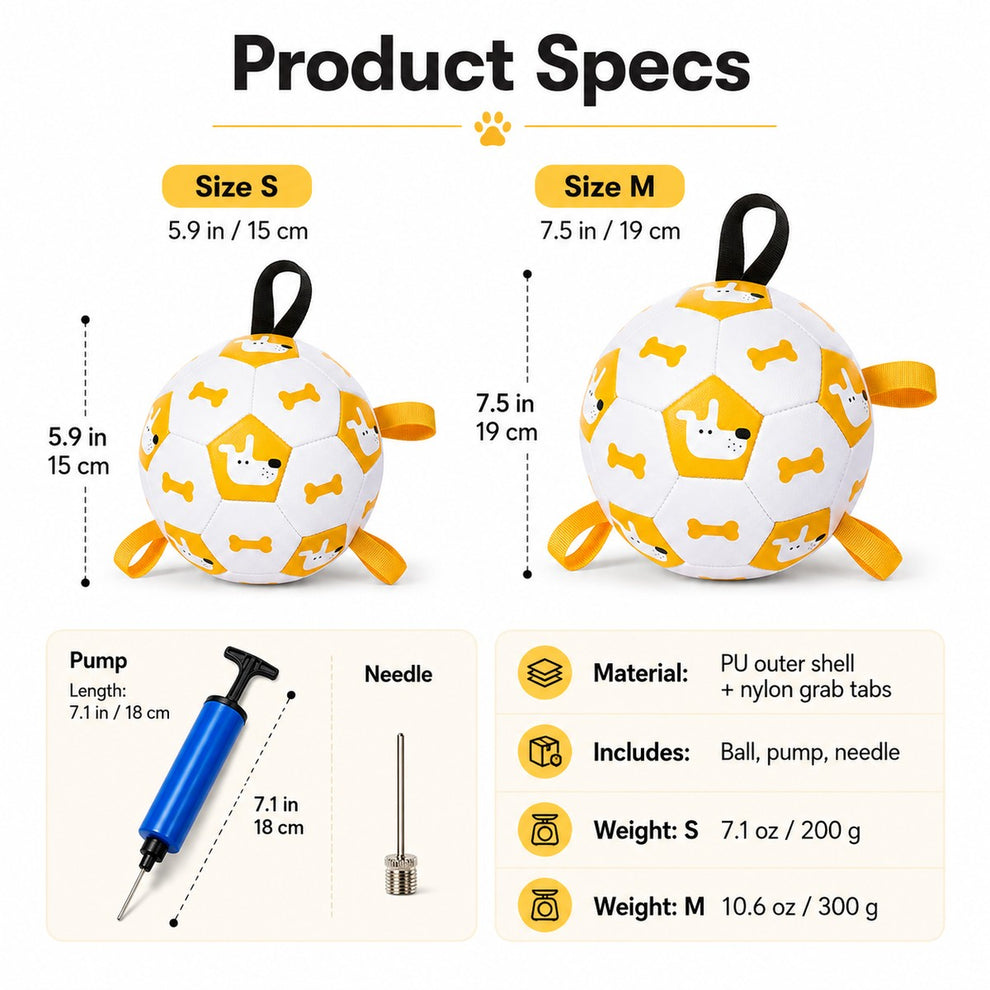 Dog soccer ball size guide with small and medium sizes, pump, needle, and material details.