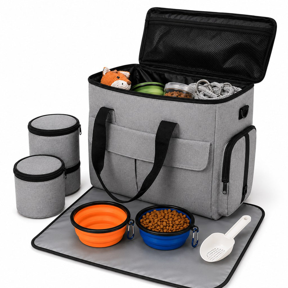 Paws in Awe Pet Travel Bag for Dogs & Cats – Weekend Road Trip Organizer with Collapsible Bowls, Food Storage, Pockets & Luggage Sleeve image 2