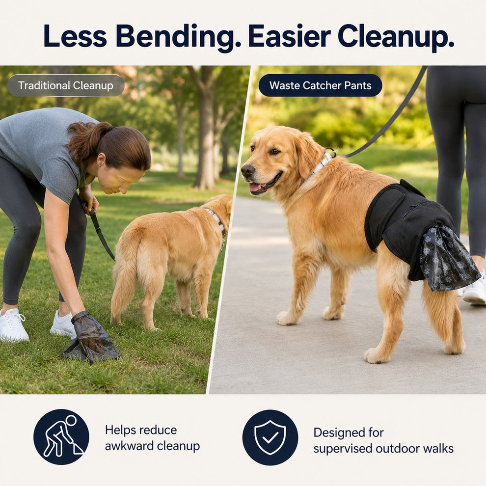 Dog waste catcher pants with 50 bags for daily walks
