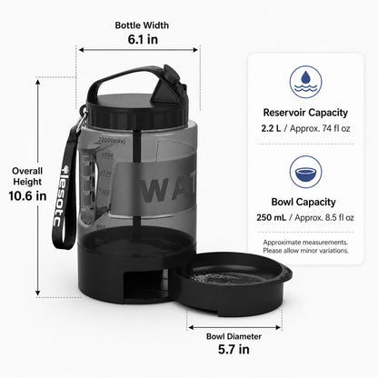 Dog water bottle with carrying strap and metal carabiner