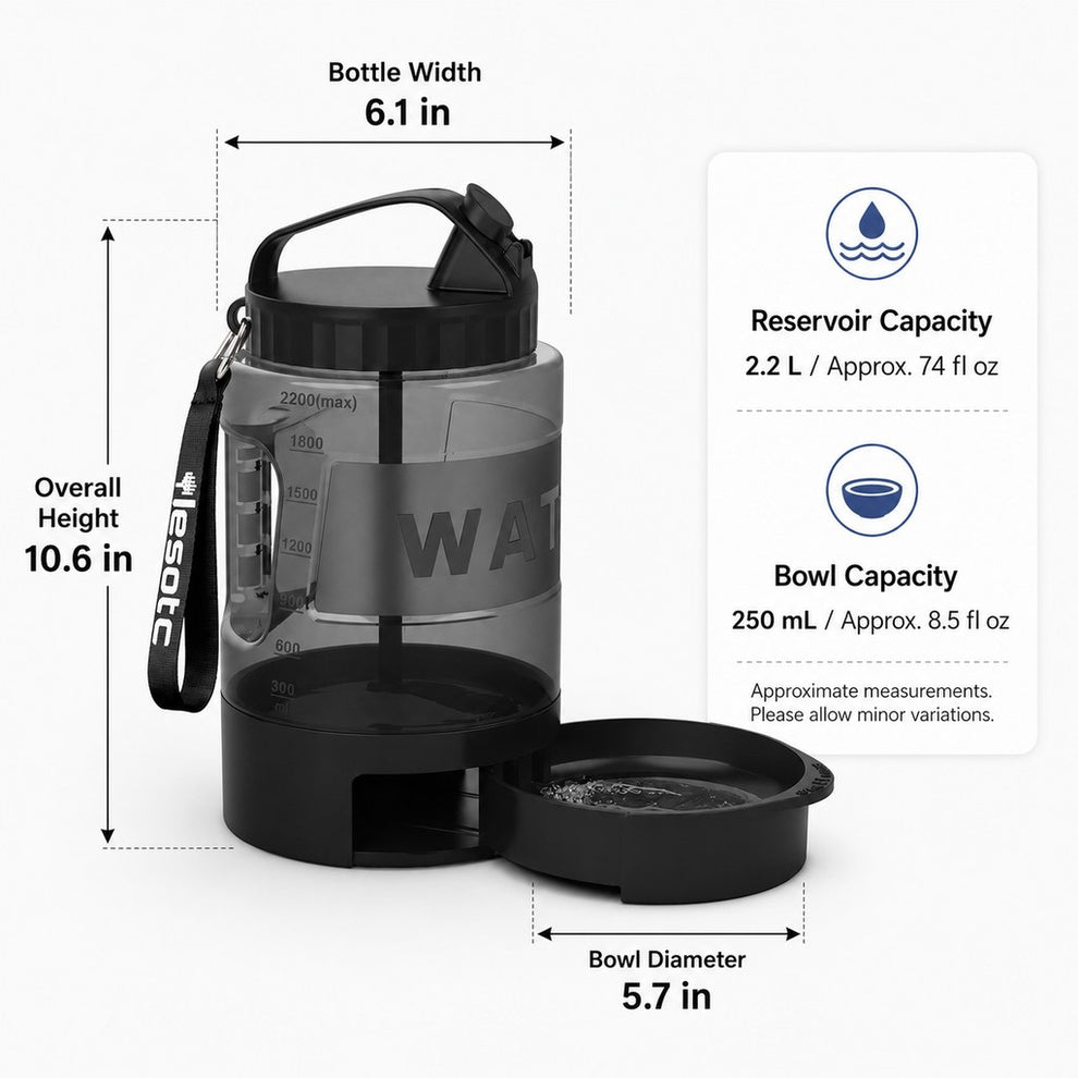 Dog water bottle with carrying strap and metal carabiner