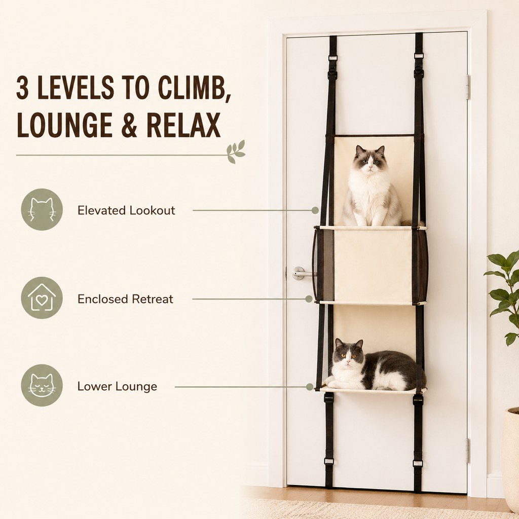 Adjustable straps and door hooks on hanging cat tree
