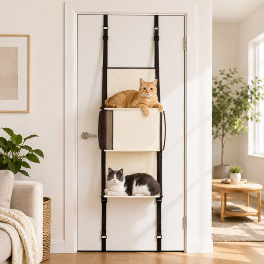 Door-mounted cat tree with indoor cat lounging on platform