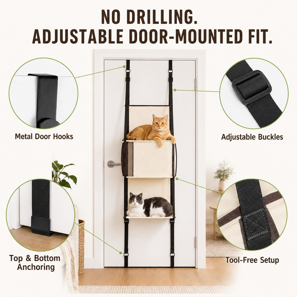 Roomy platform and mesh panel details on door-mounted cat tree