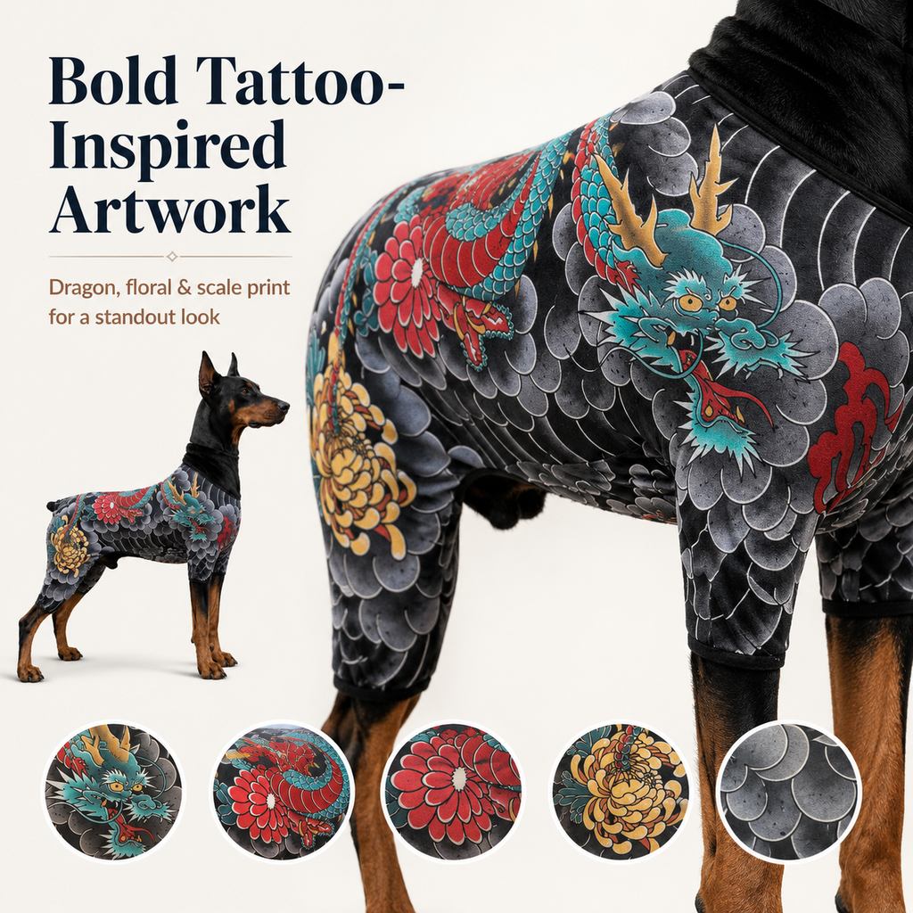 Paws in Awe Tattoo Print Dog & Cat Bodysuit for Walks & Photos - Soft Stretch Pet Onesie Helps Contain Loose Hair image 4