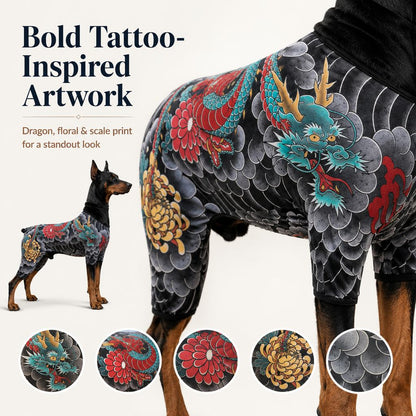 Paws in Awe Tattoo Print Dog & Cat Bodysuit for Walks & Photos - Soft Stretch Pet Onesie Helps Contain Loose Hair image 4