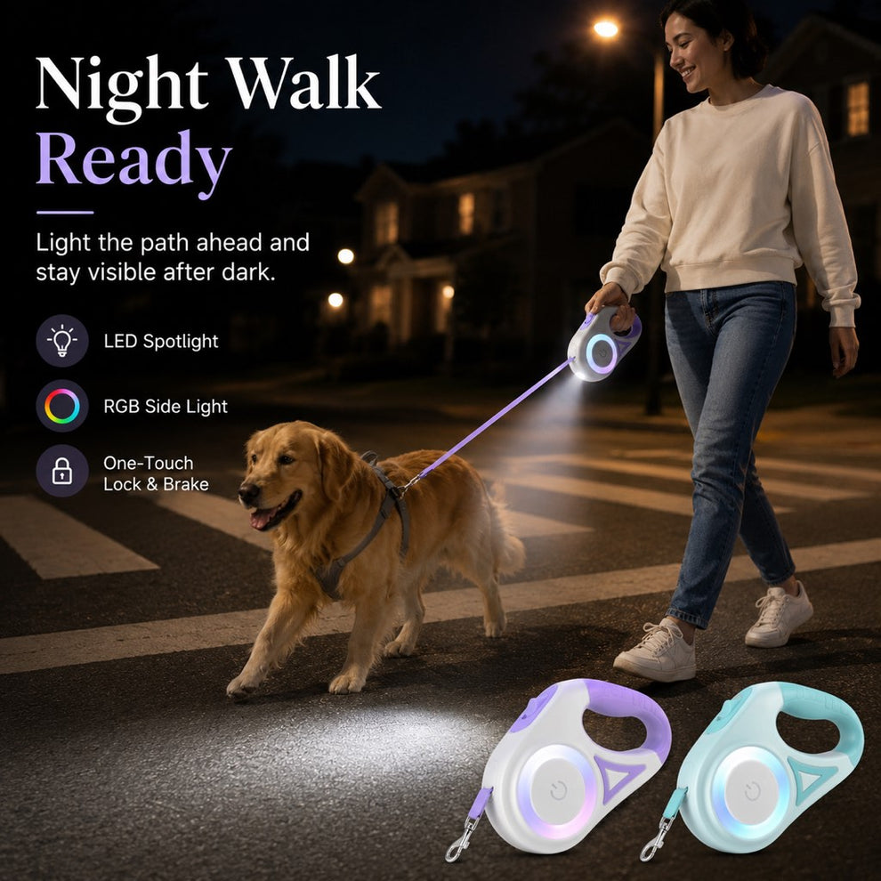 Paws in Awe LED Retractable Dog Leash for Night Walks - Light-Up Dog Leash with Built-In Spotlight, RGB Side Glow & One-Touch Brake for Safer Evening Walks image 3