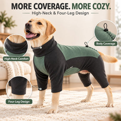 high-neck and four-leg coverage on sage green dog pajamas