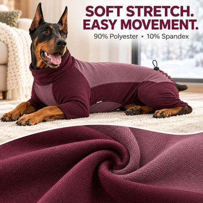 soft stretch burgundy dog pajamas made with polyester and spandex