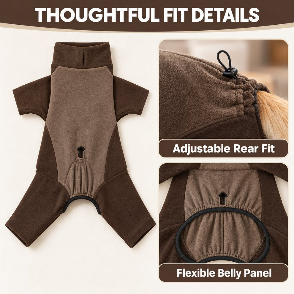 adjustable rear fit and flexible belly panel on coffee brown dog pajamas