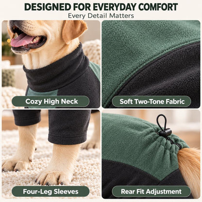 high neck sleeves soft fabric and rear adjustment details on dog pajamas
