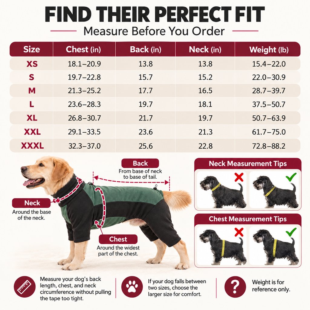 thermal dog pajamas size and measuring guide from XS through XXXL
