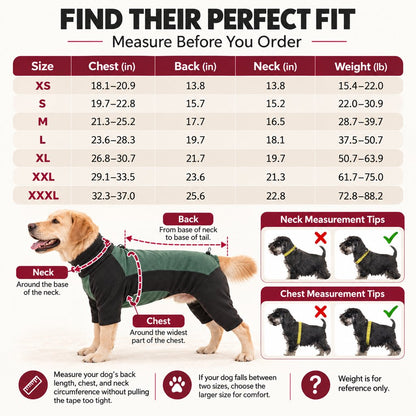 thermal dog pajamas size and measuring guide from XS through XXXL
