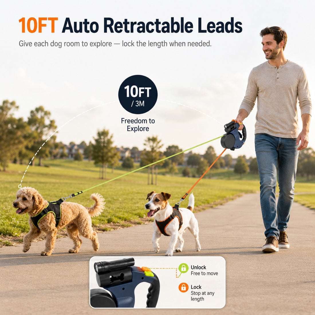 Retractable 10 foot dual leads give two dogs room to explore while staying controlled.