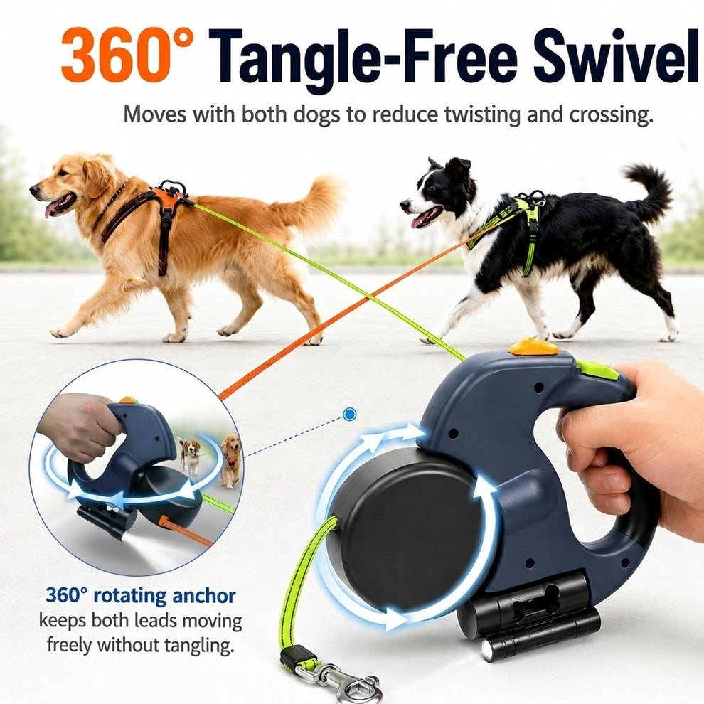 360 degree tangle-free swivel system that helps two dog leads move freely.