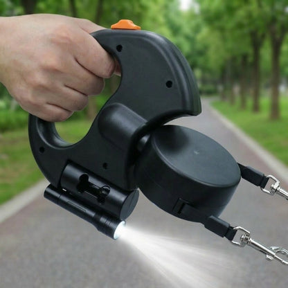 Black dual dog leash with 3M 10FT retractable leads and built-in LED light.