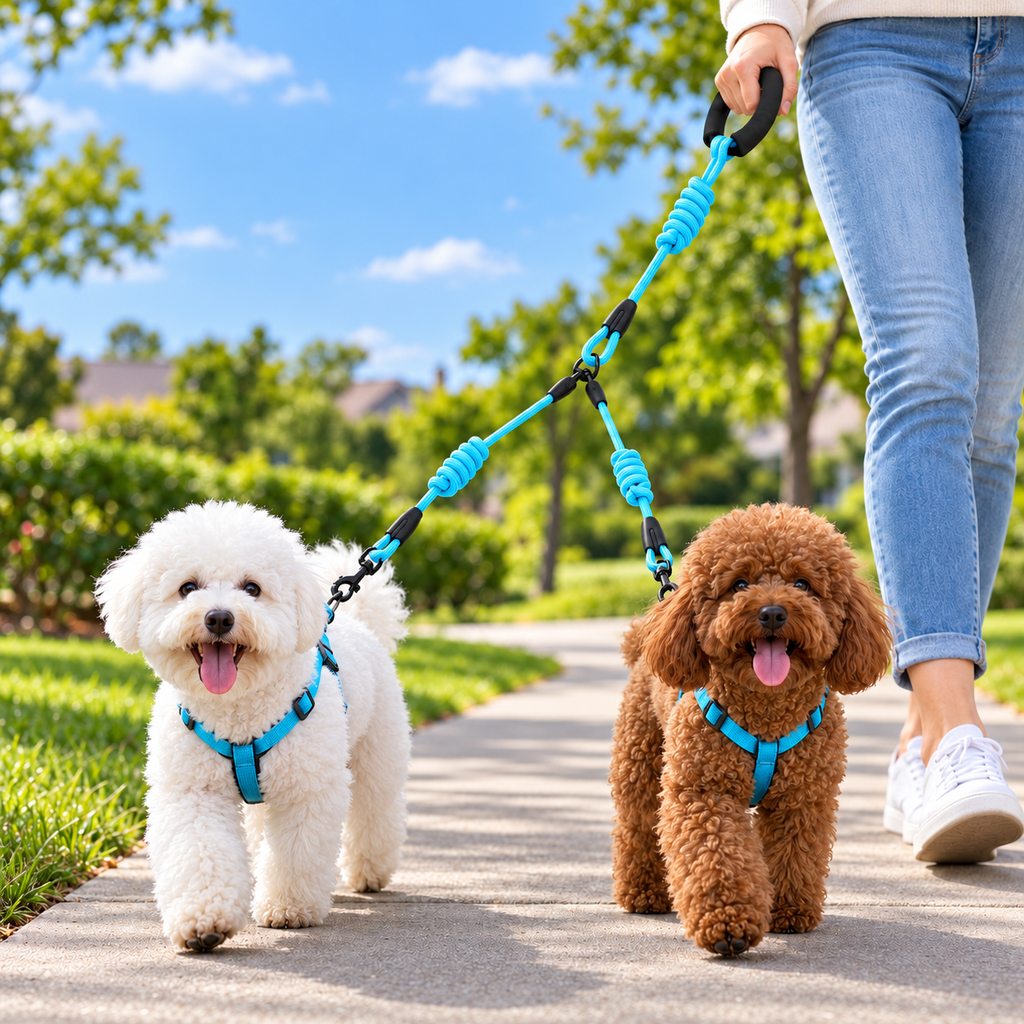 Paws in Awe Dual Dog Leash with Shock-Absorbing Bungee & Padded Handle for Easier Two-Dog Walks image 1
