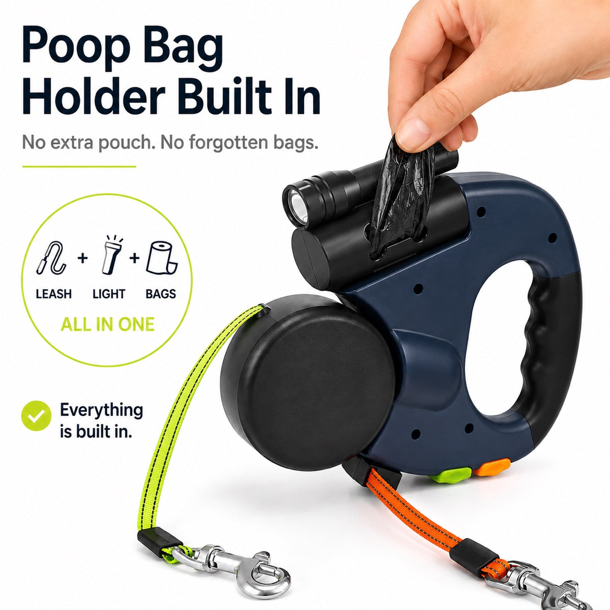 Dual dog leash with built-in poop bag holder for convenient daily walks.