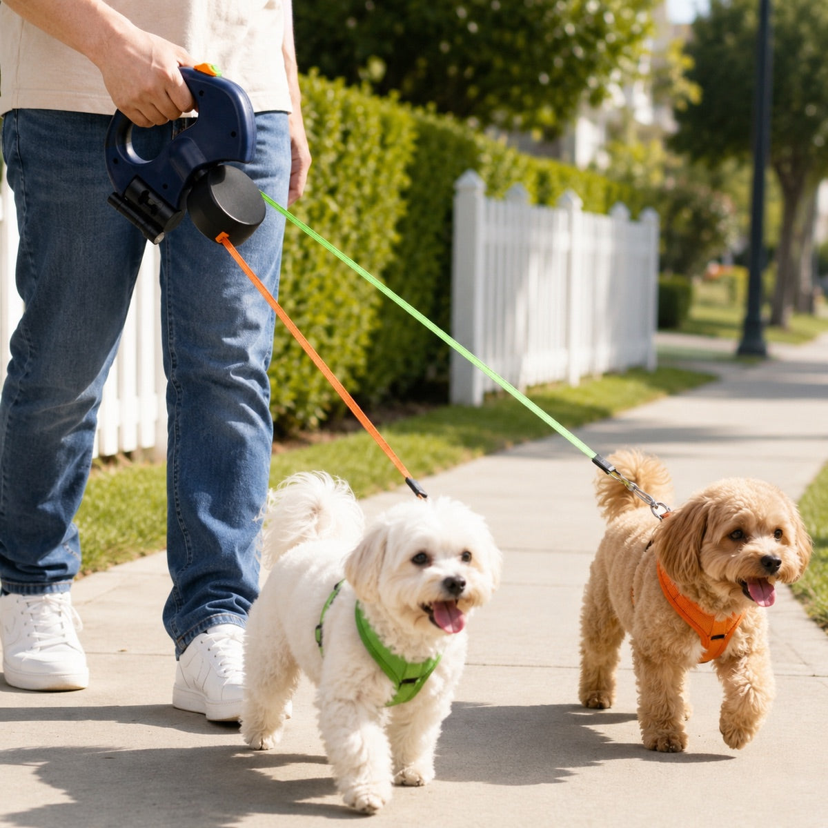 Person walking two dogs outdoors with one retractable dual dog leash.