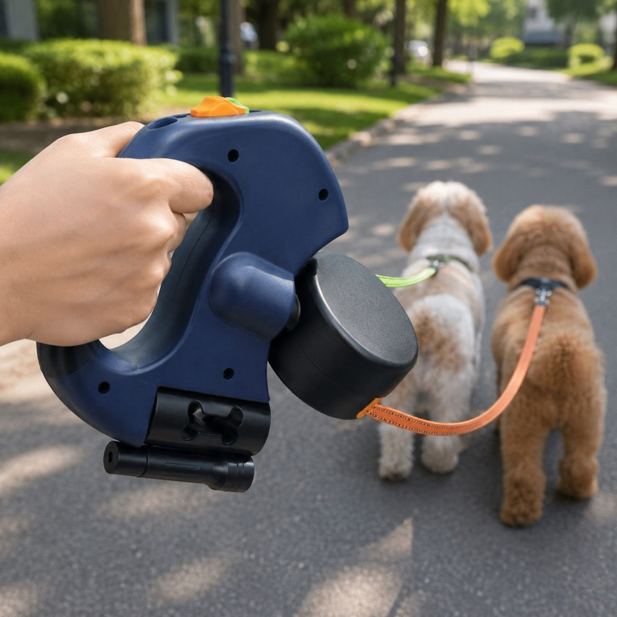 Ergonomic dual dog leash handle designed for comfortable one-hand walking.