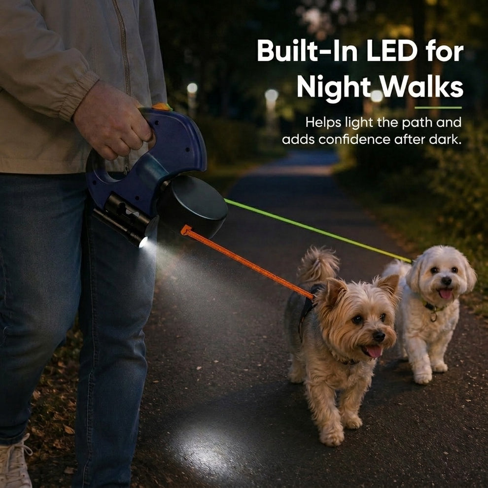 Dual dog leash with LED light for safer evening and early morning walks.