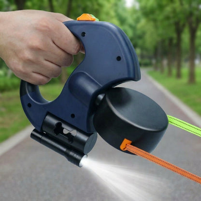 Premium dual dog leash with built-in LED flashlight and dual retractable leads.